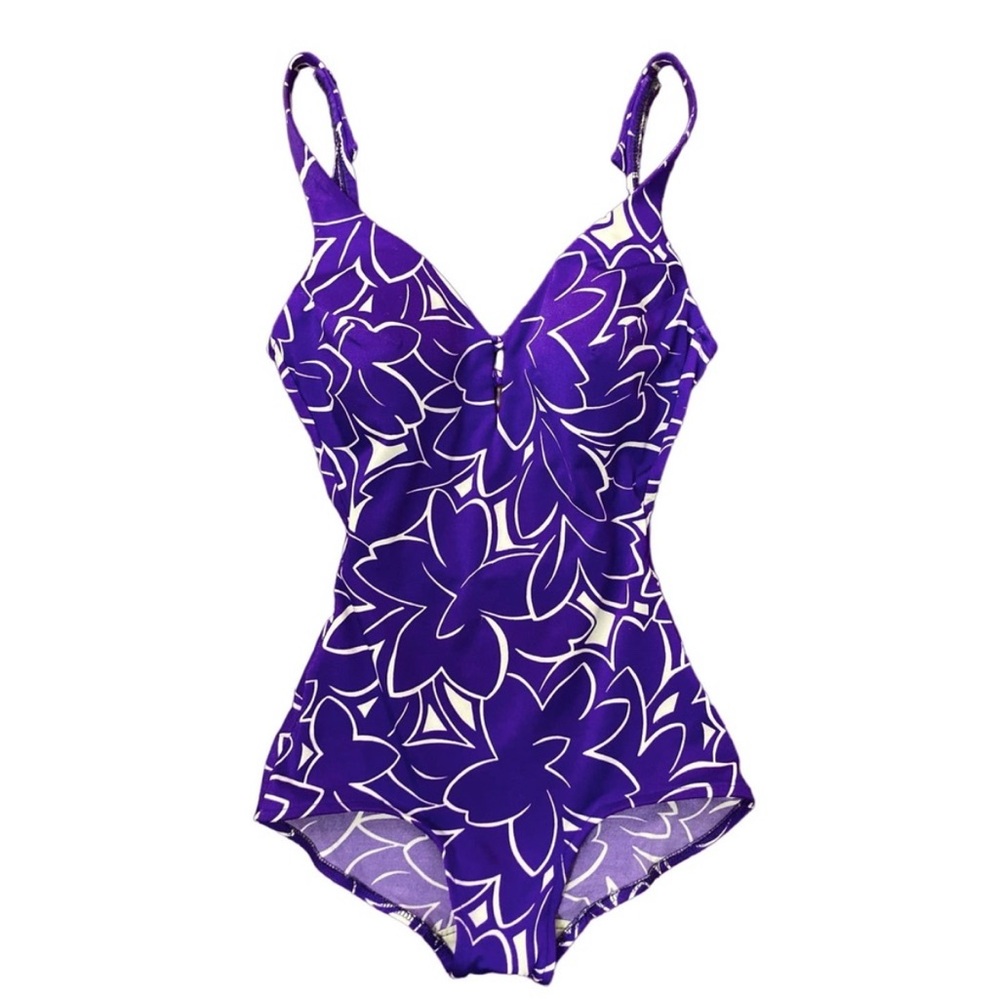Vintage 70s Roxanne Pinup Purple Floral Romper One Piece Swimsuit